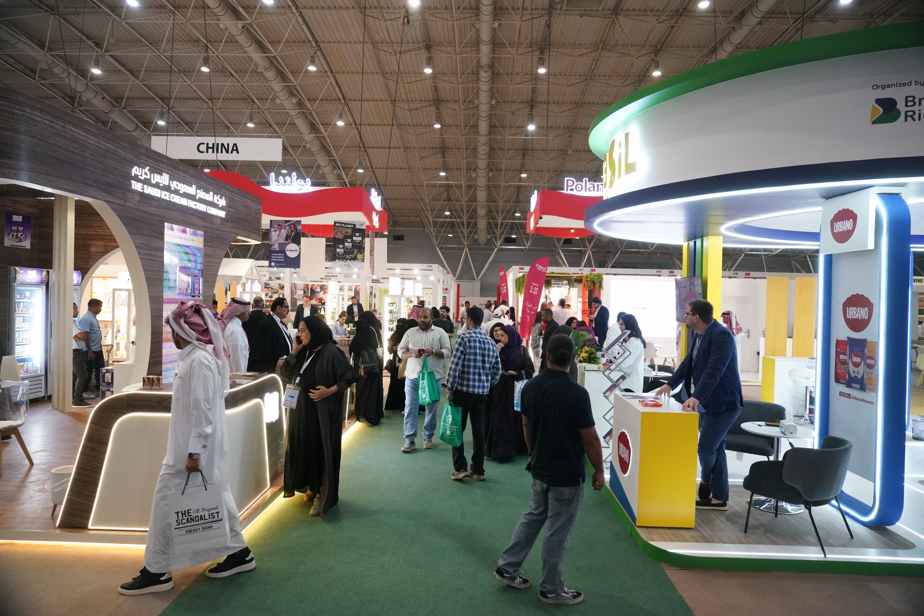Busy exhibition hall — international pavilions