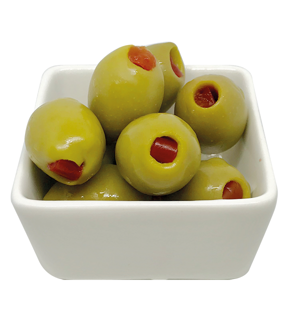 GREEN OLIVES STUFFED WITH PEPPER PASTE