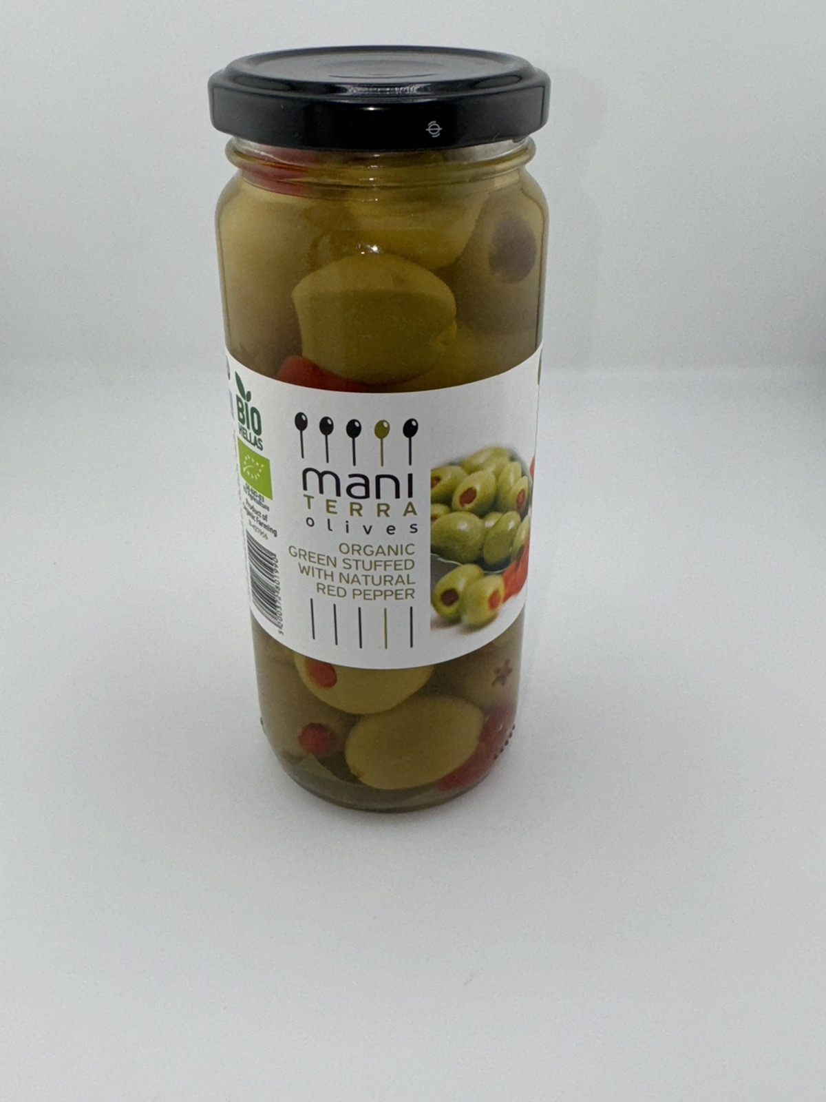 ORGANIC GREEN OLIVES STUFFED WITH NATURAL RED PEPPER 