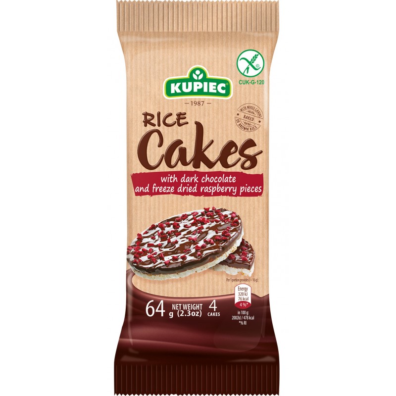 Rice cakes with dark chocolate and freeze dried raspberry pieces 64g