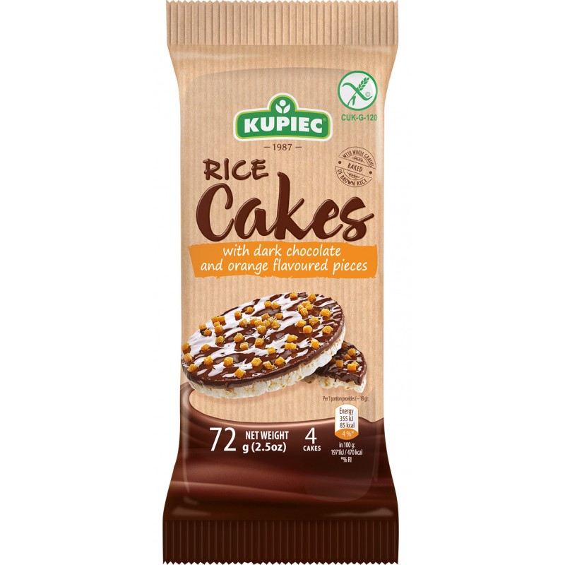 Rice cakes with dark chocolate and orange flavoured pieces 72g